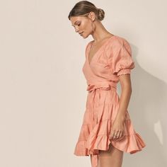 Nwt, Gorgeous Linen Dress, Perfect For Summer Vacation. A Refreshing Pop Of Peach That Strikes Summer Nostalgia. Here To Brighten, Uplift And Re-Energize. Made From 100% Linen, A Flattering Wrap Silhouette With A Puff Sleeve And Adjustable Waist Tie, Falling To A Voluminous Tiered Skirt. Pink Puff Sleeve V-neck Dress With Ruffles, Pink V-neck Puff Sleeve Dress With Ruffles, Pink Puff Sleeve Mini Dress With Ruffle Hem, Pink Tiered Puff Sleeve Summer Dress, Feminine Pink Puff Sleeve Dress With Ruffle Hem, Pink Puff Sleeve Dress With Ruffle Hem, Feminine Pink Puff Sleeve Dress For Brunch, Pink Feminine Puff Sleeve Dress For Brunch, Summer Pink V-neck Puff Sleeve Dress