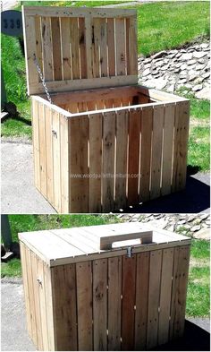 two pictures of an outdoor storage box