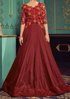 Vipul Hazel Designer Anarkali Style Suit: Deshi Besh. Wedding Anarkali, Maroon Gown, Silk Anarkali Suits, Floor Length Anarkali, Womens Clothing Websites, Designer Anarkali Suits, Lehenga Style, Gown Style, Designer Anarkali