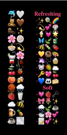 a black background with many different types of items on it and the words refreshing soft