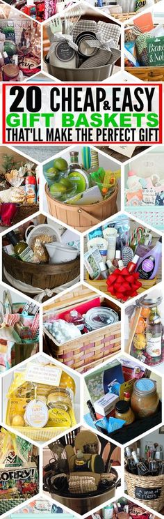 the collage shows many different types of items in baskets and containers, with text overlay