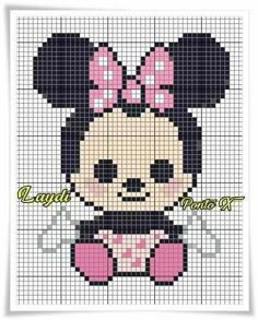 a cross stitch pattern with minnie mouse in pink and black, on a white background