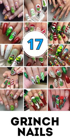 Long Grinch Nails, Grinch Nail Designs Short, Grinch Xmas Nails, Grinch Gel Nail Designs, Acrylic Nails Ideas For Christmas, Christmas Nail Designs With Rhinestones, Grinch Nail Art Designs, The Grinch Nail Designs, 90s Christmas Nails