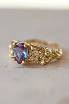 Alexandrite Engagement Ring Flower Ring for Woman Art - Etsy Nature Engagement Ring, Gold Color Combination, Reddish Purple, Art Nouveau Ring, Flower Engagement Ring, Alexandrite Engagement Ring, Alexandrite Ring, Matching Wedding Bands