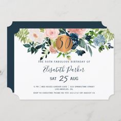 an elegant floral birthday party card with the number 50 on it's front and back