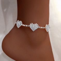 Anklets-Luxury Full Rhinestone Love Heart Anklet for Women Gold Silver Color Crystal Tennis Chain Link Foot Bracelet JewelryModel Number:1005002718984528 Anklets Online, Beach Foot Jewelry, Anklet For Women, Foot Bracelet, Leg Chain, Heart Anklet, Tennis Chain, Ankle Chain, Jewelry Model