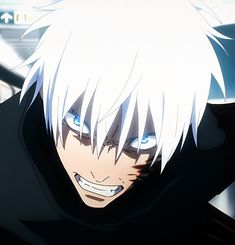 an anime character with white hair and blue eyes looks at the camera while wearing a black hoodie