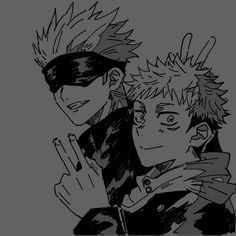 two anime characters one is holding his hand up and the other is pointing at something