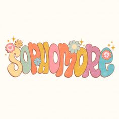 the word sponge written in colorful letters with flowers and stars around it on a white background