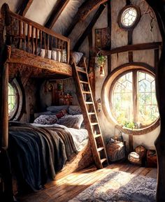 a bed room with a ladder to the ceiling and a round window in the wall