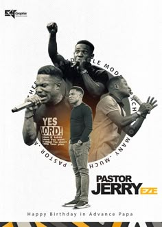 a poster for pastor jerry's birthday with two men singing and holding microphones