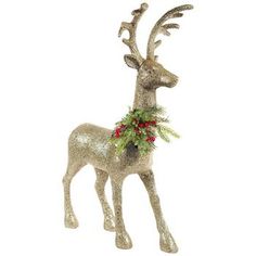 a christmas ornament with a deer and holly wreath on it's antlers