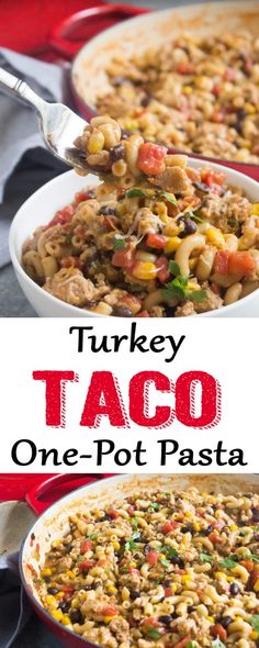 turkey taco one - pot pasta in a red casserole dish