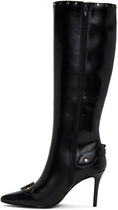 Knee-high grained faux-leather boots in black. Studs and pin-buckle strap accents throughout. · Pointed toe · Zip closure at inner side · Buffed faux-leather lining · Covered stiletto heel with rubber injection · Treaded rubber sole · Logo-engraved gold-tone hardware · Heel: H3 in Available exclusively at SSENSE. Supplier color: Black Elegant Faux Leather Boots With Buckle Closure, Elegant Leather Platform Boots With Buckle Closure, Elegant Faux Leather Heeled Boots With Buckle, Elegant Faux Leather Heeled Boots With Buckle Closure, Elegant Knee-high Moto Boots For Workwear, Elegant Knee-high Moto Boots For Work, Elegant Leather Moto Boots With Wide Calf, Elegant Wide Calf Leather Moto Boots, Elegant Workwear Moto Boots With Leather Lining