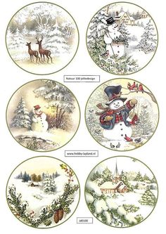 four christmas plates with snowmen and deers in the woods, one is wearing a top hat