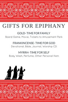 a red and white christmas card with the words gifts for epiphany