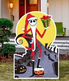 a cartoon character holding a present in front of a house with pumpkins and jack - o'- lanterns