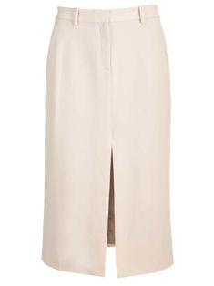 Beige midi skirt from Theory in Japanese crepe, details inspired by trousers, including hook and zip fly, belt loops, welt and slip pockets, straight and precise silhouette. Modern Asymmetrical Pencil Skirt For Workwear, Modern Asymmetrical Pencil Skirt For Work, Midi Length Skirt With Belt Loops, Modern Asymmetrical Skirt For Workwear, Asymmetrical Skirt With Belt Loops For Work, Modern Asymmetrical Skirt For Work, Office Skirt With Belt Loops And Relaxed Fit, Office Relaxed Skirt With Belt Loops, Spring Skirt With Concealed Front Fastening