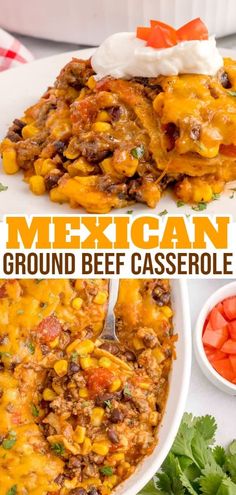 mexican ground beef casserole with sour cream on top in a white serving dish