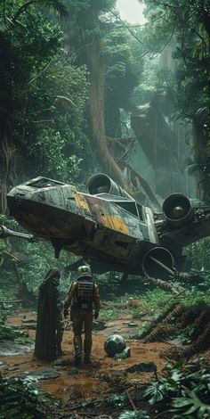 two people standing in front of an abandoned star wars vehicle, surrounded by trees and debris