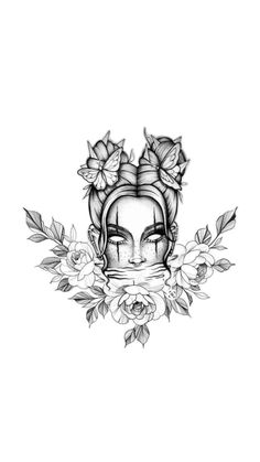 a drawing of a woman's face with flowers around her head and leaves on the side