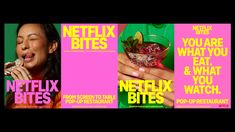 a woman eating food and drinking from a glass next to the words netflix, you are what you eat & what you watch