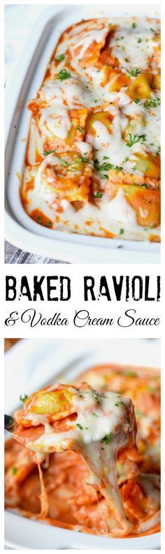 baked ravioli and veggie cream sauce in a white casserole dish