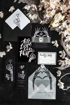 the wedding stationery was done in black and white