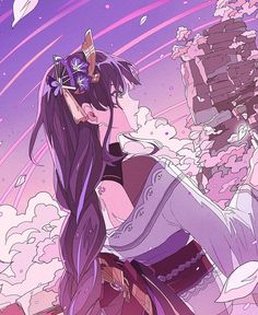 an anime character with long hair and purple hair sitting in front of a sky filled with clouds