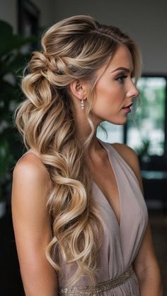 #haircolor #hairstyle #hairideas #hair #Ombrégreyhair #colorfullhairs Wedding Hair Curly Ponytail, One Sided Updo Hair, Fancy Medium Hairstyles, Wedding Long Hair Updo, Long Hair Fancy Styles, Fancy Hairstyles For Medium Hair Half Up, Curly Ponytail Hairstyles For Prom, Up Hairstyles For Long Hair Wedding, Cute Date Hairstyles Long Hair