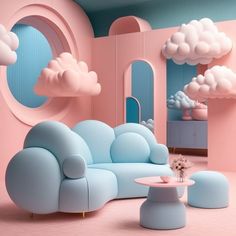 a living room filled with furniture and clouds in the sky above it's windows