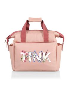 a pink tote bag with the word think on it's front and side pockets