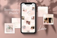 the instagram puzzle app is displayed on an iphone with multiple photos and text below it