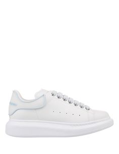 Oversized sneakers by Alexander McQueen made of white calf leather with a white silicone heel outlined in powder blue and a lace-up design with powder blue laces. The model is completed with the Alexander McQueen signature and a thick white rubber sole. Extra white laces are included. Composition: Compisition:, 100% Calf Leather. Alexander Mcqueen White, Pumped Up Kicks, Paris Texas, Sneaker Wedge, Jeans Jumpsuit, Yoga Wear, Powder Blue, Beautiful Shoes, Bridal Shoes