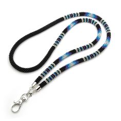 a blue and black leash with silver hardware