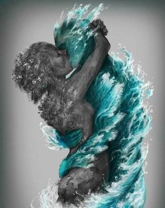 a painting of a woman hugging her body in the middle of a blue ocean wave