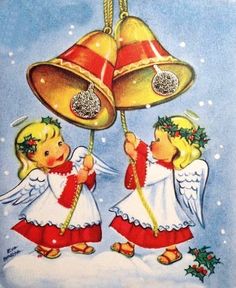 an old fashioned christmas card with two little angels holding up the bells on top of each other