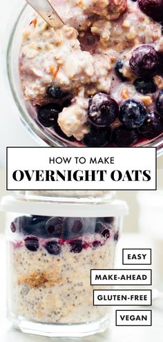 overnight oatmeal recipe in a glass bowl with blueberries and granola