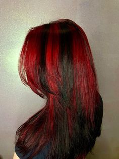 #hair #highlights #alternative #layers #wolfcut #shag #shaghair Red And Black Layered Hair, Red Ghost Roots Black Hair, Emo Prom Hair, Red Alternative Hair, Wolf Cut With Red Highlights, Black And Red Wolf Cut, Red Hair Black Highlights, Black Hair With Red Money Piece, Red And Black Wolf Cut