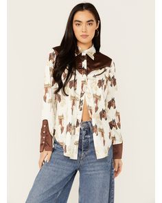 Cow Print Long Sleeve Shirt, Horse Print, Western Shirt, Horse Head, Western Shirts, Boots For Sale, Cheetah Print, Rodeo, Girl Fashion