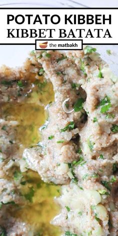 potato kibbeh in a bowl with the title above it