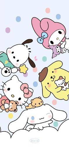 hello kitty and her friends are playing with each other on the bed together in this cartoon