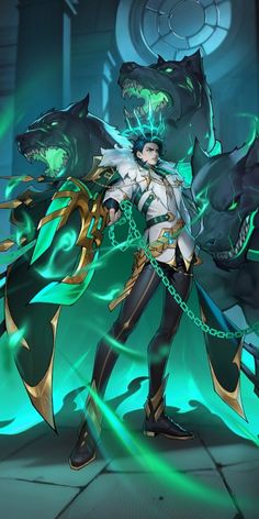 an anime character standing in front of a demon with chains on his hands and two other characters behind him