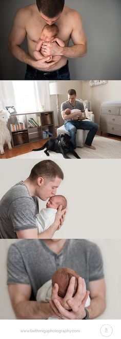 two men are holding their baby while another man is sitting on the couch in front of them