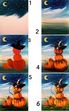 step by step instructions for painting pumpkins in the night sky with stars and moon