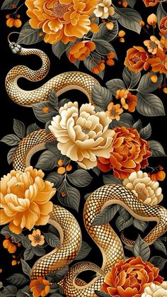 an image of a snake and flowers on a black background with orange, yellow and white flowers