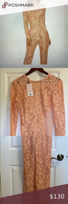 House of CB Lace Peach Jumpsuit Lace Peach Jumpsuit size small never worn, new with tags. House of CB Pants & Jumpsuits Jumpsuits & Rompers Orange Party Bodysuit For Spring, Orange One-piece Bodysuit For Spring, Spring Orange One-piece Bodysuit, Peach Jumpsuit, Jumpsuit Lace, House Of Cb, Orange Cream, Orange Color, Pant Jumpsuit