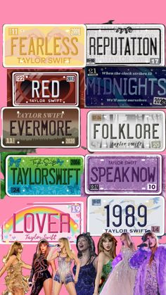 a collage of various license plates on a pink background