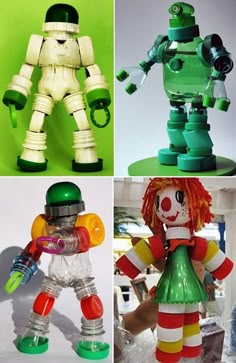 four different types of plastic toys are shown in this set, one is a robot and the other is a clown