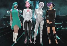 three women in futuristic outfits standing next to each other